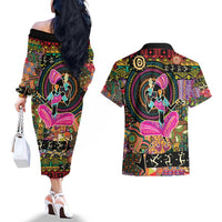 African Women Ethnic Motifs Couples Matching Off The Shoulder Long Sleeve Dress and Hawaiian Shirt