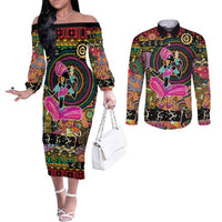 African Women Ethnic Motifs Couples Matching Off The Shoulder Long Sleeve Dress and Long Sleeve Button Shirt