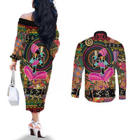 African Women Ethnic Motifs Couples Matching Off The Shoulder Long Sleeve Dress and Long Sleeve Button Shirt