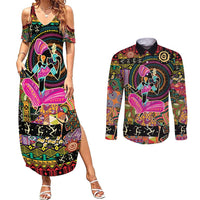 African Women Ethnic Motifs Couples Matching Summer Maxi Dress and Long Sleeve Button Shirt