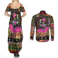 African Women Ethnic Motifs Couples Matching Summer Maxi Dress and Long Sleeve Button Shirt