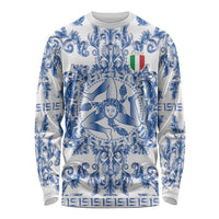 World Football 2026 Italy Custom Long Sleeve Shirt Blue White Baroque Trinacria Edition - Wonder Print Shop