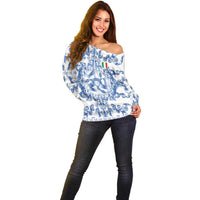 World Football 2026 Italy Custom Off Shoulder Sweater Blue White Baroque Trinacria Edition - Wonder Print Shop