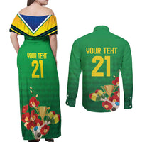 Brazil Canarinho Football Custom Couples Matching Off Shoulder Maxi Dress and Long Sleeve Button Shirt Bora Brasil! Go Brazil!