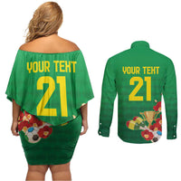 Brazil Canarinho Football Custom Couples Matching Off Shoulder Short Dress and Long Sleeve Button Shirt Bora Brasil! Go Brazil!
