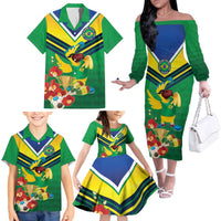 Brazil Canarinho Football Custom Family Matching Off The Shoulder Long Sleeve Dress and Hawaiian Shirt Bora Brasil! Go Brazil!