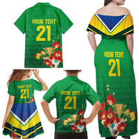 Brazil Canarinho Football Custom Family Matching Off Shoulder Maxi Dress and Hawaiian Shirt Bora Brasil! Go Brazil!