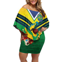 Brazil Canarinho Football Custom Family Matching Off Shoulder Short Dress and Hawaiian Shirt Bora Brasil! Go Brazil!