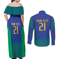 Brazil Canarinho Custom Couples Matching Off Shoulder Maxi Dress and Long Sleeve Button Shirt Macaw Mascot with Brazil Flag Colors