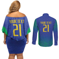 Brazil Canarinho Custom Couples Matching Off Shoulder Short Dress and Long Sleeve Button Shirt Macaw Mascot with Brazil Flag Colors