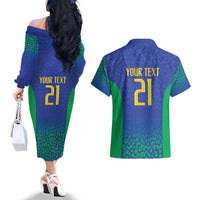 Brazil Canarinho Custom Couples Matching Off The Shoulder Long Sleeve Dress and Hawaiian Shirt Macaw Mascot with Brazil Flag Colors