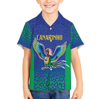 Brazil Canarinho Custom Family Matching Off The Shoulder Long Sleeve Dress and Hawaiian Shirt Macaw Mascot with Brazil Flag Colors