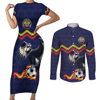 Ecuado Andean Condor Football Custom Couples Matching Short Sleeve Bodycon Dress and Long Sleeve Button Shirt Tricolors Motif