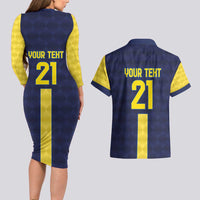 Ecuador La Tricolor Custom Couples Matching Long Sleeve Bodycon Dress and Hawaiian Shirt Gold and Navy Blue Motif