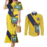 Ecuador La Tricolor Custom Couples Matching Mermaid Dress and Long Sleeve Button Shirt Gold and Navy Blue Motif