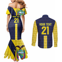 Ecuador La Tricolor Custom Couples Matching Mermaid Dress and Long Sleeve Button Shirt Gold and Navy Blue Motif