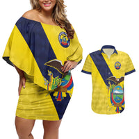 Ecuador La Tricolor Custom Couples Matching Off Shoulder Short Dress and Hawaiian Shirt Gold and Navy Blue Motif
