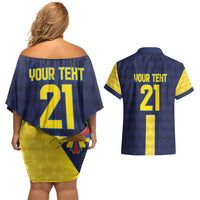 Ecuador La Tricolor Custom Couples Matching Off Shoulder Short Dress and Hawaiian Shirt Gold and Navy Blue Motif