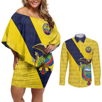 Ecuador La Tricolor Custom Couples Matching Off Shoulder Short Dress and Long Sleeve Button Shirt Gold and Navy Blue Motif