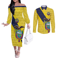 Ecuador La Tricolor Custom Couples Matching Off The Shoulder Long Sleeve Dress and Long Sleeve Button Shirt Gold and Navy Blue Motif