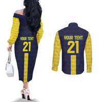 Ecuador La Tricolor Custom Couples Matching Off The Shoulder Long Sleeve Dress and Long Sleeve Button Shirt Gold and Navy Blue Motif