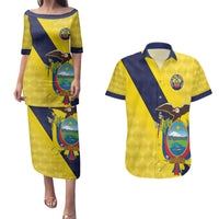 Ecuador La Tricolor Custom Couples Matching Puletasi and Hawaiian Shirt Gold and Navy Blue Motif