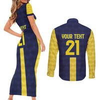 Ecuador La Tricolor Custom Couples Matching Short Sleeve Bodycon Dress and Long Sleeve Button Shirt Gold and Navy Blue Motif