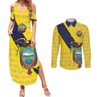 Ecuador La Tricolor Custom Couples Matching Summer Maxi Dress and Long Sleeve Button Shirt Gold and Navy Blue Motif