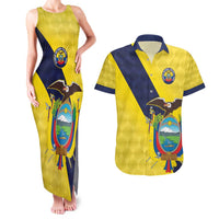 Ecuador La Tricolor Custom Couples Matching Tank Maxi Dress and Hawaiian Shirt Gold and Navy Blue Motif
