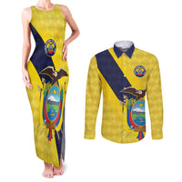 Ecuador La Tricolor Custom Couples Matching Tank Maxi Dress and Long Sleeve Button Shirt Gold and Navy Blue Motif