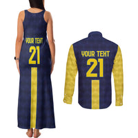 Ecuador La Tricolor Custom Couples Matching Tank Maxi Dress and Long Sleeve Button Shirt Gold and Navy Blue Motif