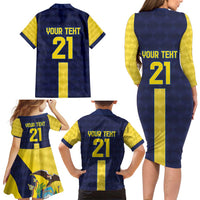 Ecuador La Tricolor Custom Family Matching Long Sleeve Bodycon Dress and Hawaiian Shirt Gold and Navy Blue Motif
