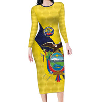 Ecuador La Tricolor Custom Family Matching Long Sleeve Bodycon Dress and Hawaiian Shirt Gold and Navy Blue Motif