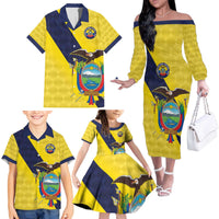 Ecuador La Tricolor Custom Family Matching Off The Shoulder Long Sleeve Dress and Hawaiian Shirt Gold and Navy Blue Motif