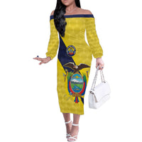 Ecuador La Tricolor Custom Family Matching Off The Shoulder Long Sleeve Dress and Hawaiian Shirt Gold and Navy Blue Motif