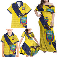 Ecuador La Tricolor Custom Family Matching Off Shoulder Maxi Dress and Hawaiian Shirt Gold and Navy Blue Motif