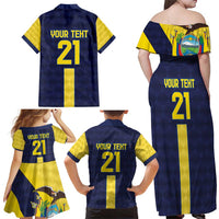 Ecuador La Tricolor Custom Family Matching Off Shoulder Maxi Dress and Hawaiian Shirt Gold and Navy Blue Motif
