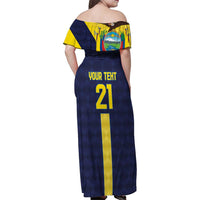 Ecuador La Tricolor Custom Family Matching Off Shoulder Maxi Dress and Hawaiian Shirt Gold and Navy Blue Motif