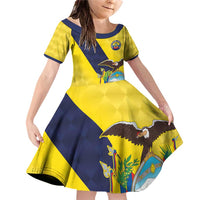 Ecuador La Tricolor Custom Family Matching Off Shoulder Short Dress and Hawaiian Shirt Gold and Navy Blue Motif