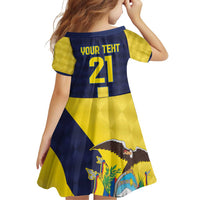 Ecuador La Tricolor Custom Family Matching Off Shoulder Short Dress and Hawaiian Shirt Gold and Navy Blue Motif