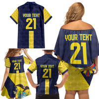 Ecuador La Tricolor Custom Family Matching Off Shoulder Short Dress and Hawaiian Shirt Gold and Navy Blue Motif