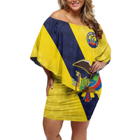 Ecuador La Tricolor Custom Family Matching Off Shoulder Short Dress and Hawaiian Shirt Gold and Navy Blue Motif