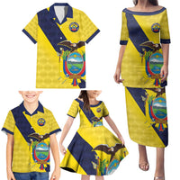 Ecuador La Tricolor Custom Family Matching Puletasi and Hawaiian Shirt Gold and Navy Blue Motif