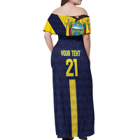 Ecuador La Tricolor Custom Off Shoulder Maxi Dress Gold and Navy Blue Motif