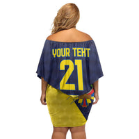 Ecuador La Tricolor Custom Off Shoulder Short Dress Gold and Navy Blue Motif