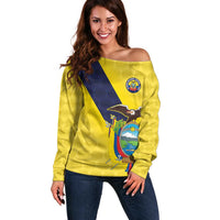 Ecuador La Tricolor Custom Off Shoulder Sweater Gold and Navy Blue Motif