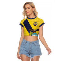 Ecuador La Tricolor Custom Raglan Cropped T Shirt Gold and Navy Blue Motif