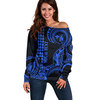 Custom Hawaii Off Shoulder Sweater Paradise of the Pacific Tribal Kakau for King Kamehameha Day - Blue - Wonder Print Shop