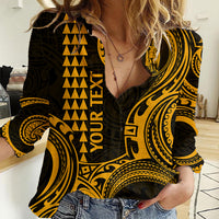 Custom Hawaii Women Casual Shirt Paradise of the Pacific Tribal Kakau for King Kamehameha Day - Gold - Wonder Print Shop