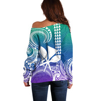 Custom Hawaii Off Shoulder Sweater Paradise of the Pacific Tribal Kakau for King Kamehameha Day - Gradient - Wonder Print Shop